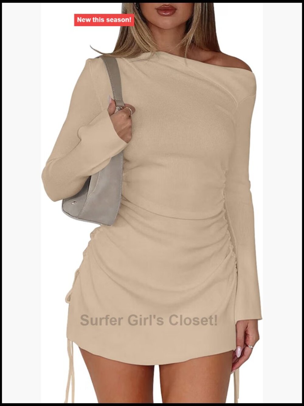 Women's Sexy One Shoulder Ruched Bodycon Mini Dress, Flared Sleeve Party Club
